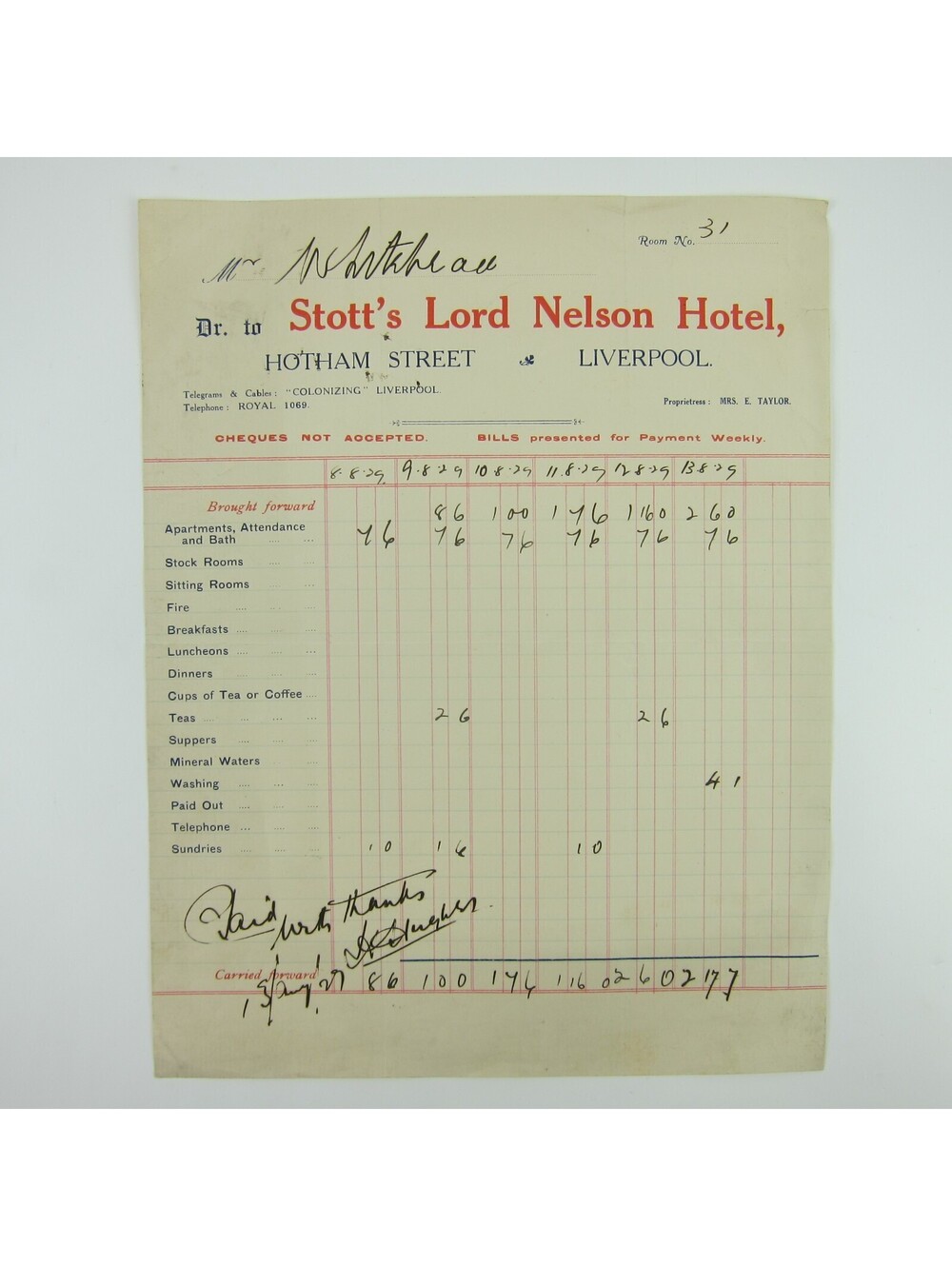Vintage 1929 Hotel Receipt Stott's Lord Nelson Hotel Liverpool England UK  RARE